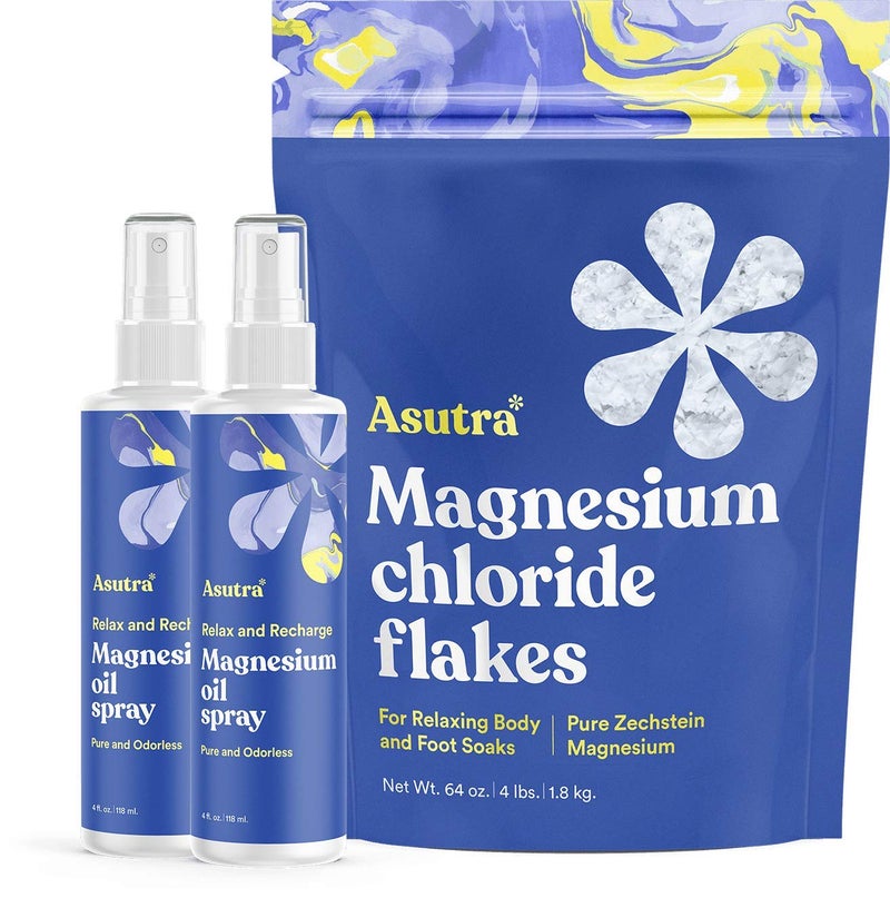 ASUTRA Topical Magnesium Bundle, 4 fl oz Magnesium Oil Spray (Pack of 2), 4 lb Bag of Bath Flakes, Rapid Absorption, Pure and Odorless, Derived from Zechstein Seabed - Image 1